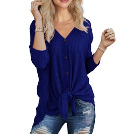 IWOLLENCE Womens Loose Henley Blouse Bat Wing Long Sleeve Button Down T Shirts Tie Front Knot Tops Royal Blue, M