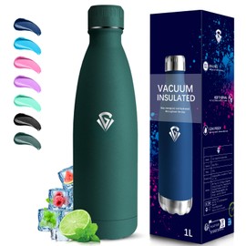 Grsta Stainless Steel Drinking Bottle, 1 Litre, BPA-Free, Leak-Proof, Cold and Warm, Double-Walled Vacuum Insulated, Metal Drinking Bottle, Thermos Flask for Camping, Fitness, Travel, Sports