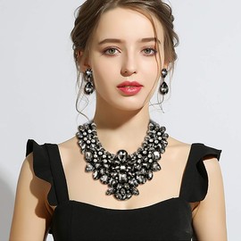 Flyonce Costume Jewelry for Women, Rhinestone Crystal Statement Necklace Earrings Set Dark Black