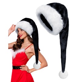 Asekonc Christmas Black Santa Hat Long, Adults Deluxe Black and White Xmas Christmas Hat for Black Christmas Theme New Year Festive Holiday Party Supplies