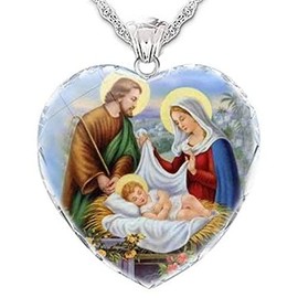 QTMY Jesus Christmas Decorations,Crystal Holy Family Nativity Religious Heart Drop Pendant Necklace