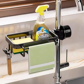 Schwammhalter Spülbecken - Schwammhalter Küche Organizer, Kein Bohren Erforderlich, Abnehmbar Aufbewahrungsregal Wasserhahn Ablauf Rack für Seifen, Spülschwämme, Reinigungstücher (Schwarz)