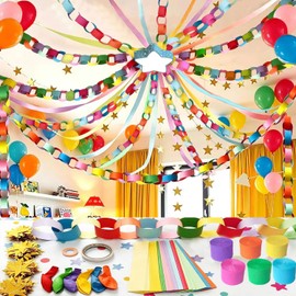 Rainbow Paper Chain Garland Party Decorations Include 400 Sheet Paper Chain Strips,492ft Crepe Paper Streamers,52ft Star Strips Hanging,24 Balloons for Kid's Birthday Wedding Party Supplies