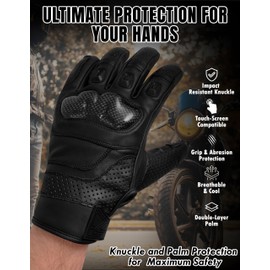 The AMA LOOK Leather Motorcycle Gloves, Carbon Knuckle Protection, Touchscreen Powersports Motorbike Gloves, Racing Riding Gloves (Black, L)