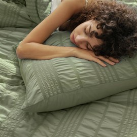 PHF Seersucker Olive Green Twin Size Comforter Set, 2 Pieces Summer Lightweight Soft Fluffy Bedding Set, Boho Strip Comy Down Alternative Cooling Comforter with 1 Pillowcase, 68" x 90", Olive Green