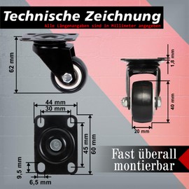 PRIOstahl Furniture Castors Brake Castors Heavy Duty Castors Transport Castors Black Premium Wheels - 4 x Swivel Castors without Brake 40 mm + Mounting Screws and Bit for Furniture Cabinets Traceless