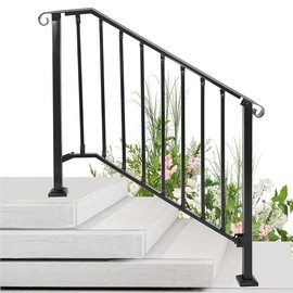 Kojem 4-5 Step Hand Rail, Adjustable for 4-5 Steps Outdoor Stair Railing, Steel Porch Railing, Transitional Handrails Powder Coated Steel