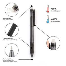 Volcanics 12PCS Black Erasable Gel Pens Fine Point Black Pen Erasable Gel Ink Pen 0.5mm, Rolling Ball Pens with Eraser