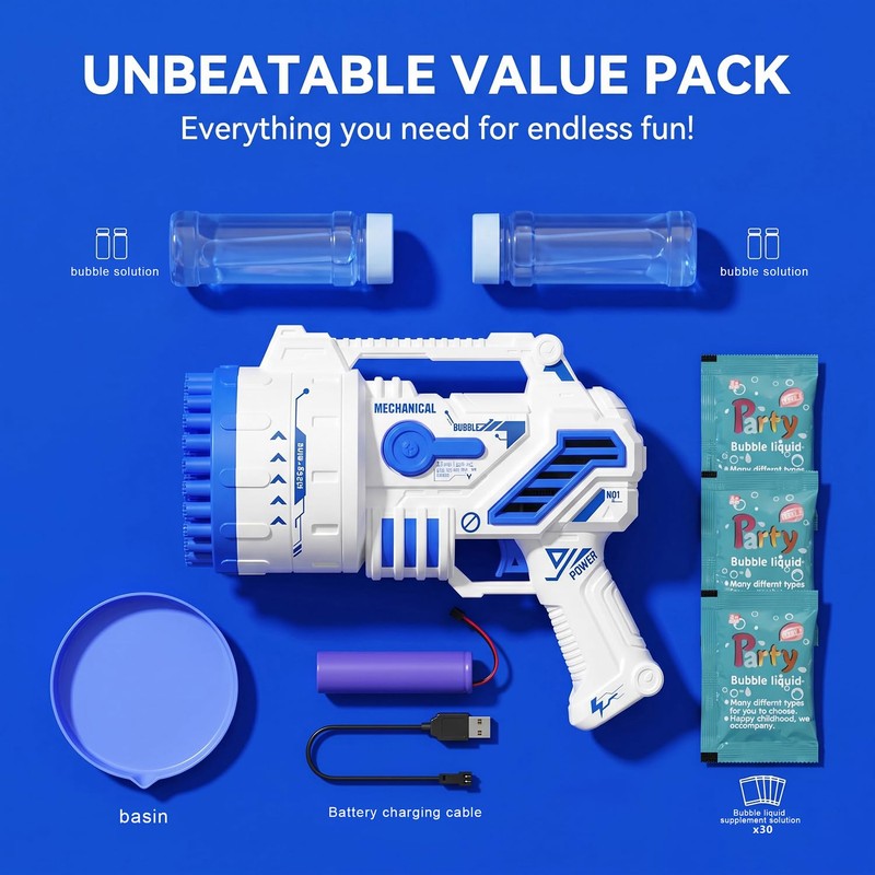 Bubble Gun for Kids, 69-Hole Bubble Blaster with LED Lights,