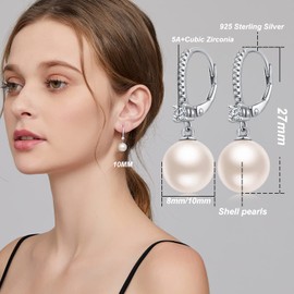 Miaofu Pearl Earrings 18K White Gold Plated 925 Sterling Silver White Pearl Earrings Black Pearl Earrings Hypoallergenic Pearl Earrings with Zirconia 8 mm - 13 mm Fine Jewellery for Women, Sterling Silver, Pearl,