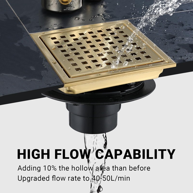 TRJIKAG 6 Inch Square Shower Floor Drain, Stainless Steel Black