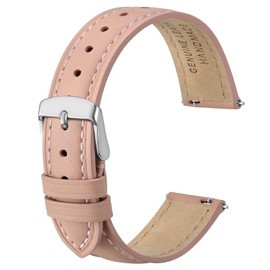 Anbeer 20mm Flat Thin Elegant Genuine Leather Watch Strap,Quick Release Replacement Watch Band,Pink with Silver Buckle
