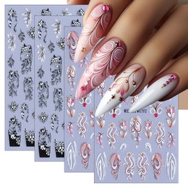 Black White Pink Vine Flowers Nail Art Stickers 3D Self-Adhesive Leaves Lines French Flower Vine Nail Decals Spring Summer Retro Flower Vine Pattern Nail Supplies for Women DIY Manicure Decoration