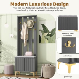 Merax Modern Luxury Hall Tree with Bench and Storage Cabinet, 3-in-1 Coat Rack with 8 Hooks for Entrance, Hallway Gray
