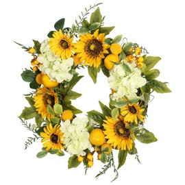 Pudate Sunflower Wreath with Hydrangeas, Lemons, Big Berry,Summer Wreath for Front Door, Unique Housewarming Gift,mother'day Gift,Farmhouse Porch Decor, Wall Decor-22IN