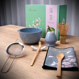 Joyscale Matcha Whisk Set, Matcha Set Whisk And Bowl, 8 Pcs Matcha Kit Set(Wide Cherry Blossom Design), 14 OZ, Japanese Matcha Tea Set, Matcha Making Kit Gifts for Tea Lovers(Mottled Blue)
