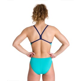 ARENA Women's Team MaxLife Swimsuit Solid Challenge Back One Piece Competition Training Bathing Suit Athletic Swimwear, Mint/Navy, US Size 22