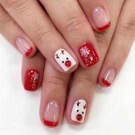 Christmas Short Press on Nails Square Fake Nails with Elk Snowflake Pattern Red French Tip Glue on Nails Press ons Simple Cute Xmas False Nails Acrylic Stick on Nails for Women 24 Pcs