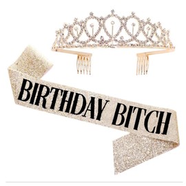 NAA Birthday Sash Rhinestone Crown Women Girls Tiara, Set for Gold Gillter Tiara Birthday, and Decorations Women,Fabulous Gifts,
