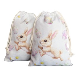 Easter Storage Bags Gift Bags 2 Pieces Small Size Canvas Bag Printed Drawstring Bag Bunny Floral Theme