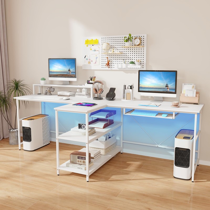 Giantex 94.5” 2 Person Desk with LED Lights, Long PC