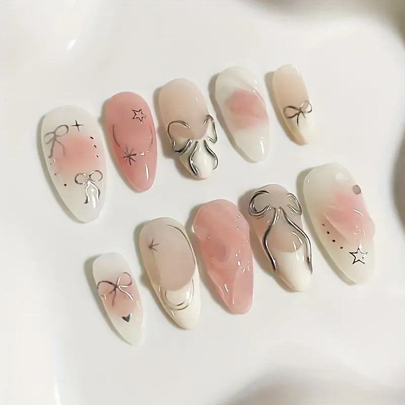 24 Piezas De Uñas En Forma De Almendra Con Lazo