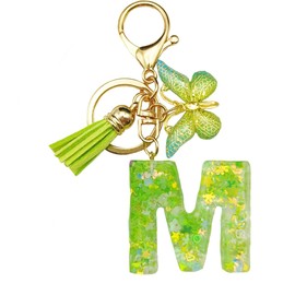 MBZRQKZS Green Letter A-Z Keychain for Women Tassel Butterfly Key Ring for Purse Handbag Car Keys,M