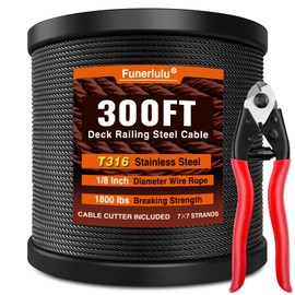 Funerlulu 300ft Black T316 Stainless Steel Cable with A Cutter for 1/8" Cable Railing System, Marine Grade Rustproof Wire Rope, 7x7 Strands Construction, 1800lbs Breaking Strength DIY Aircraft Cable