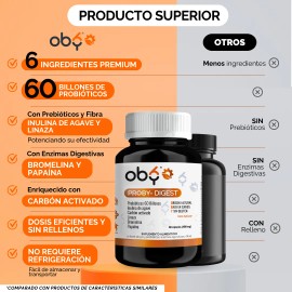 Probioticos 60 billones con Prebioticos, Enzimas Digestivas, Inulina Agave, Fibra, Carbn Activado  Vitaminas Mujer y Hombre Oby 60 capsulas           