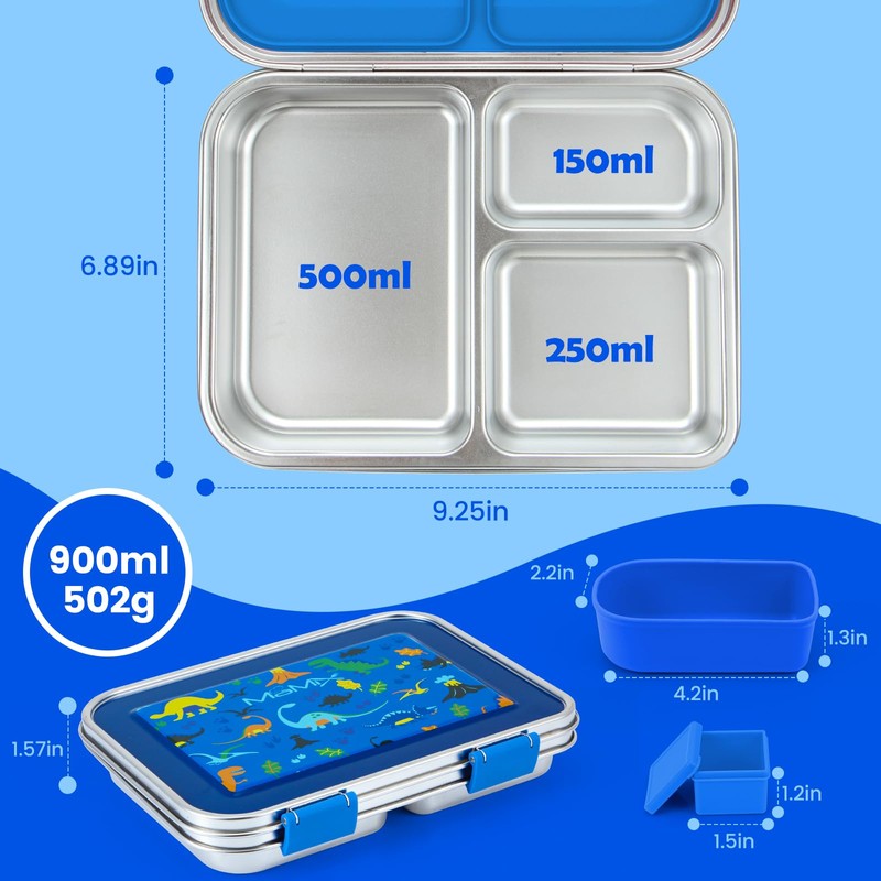 MaMix Stainless Steel Kids Lunch Box, 3 Compartments Leak-Proof Bento