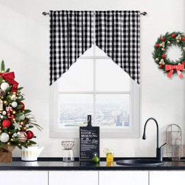 Cortinas de cocina con cenefa de cuadros en blanco y negro de 36 pulgadas de largo, cortinas de media ventana a cuadros para cocina y baño, 28 x 36 pulgadas, negro/blanco, juego de 2
