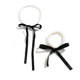 Danshinbow 2pcs Round Pearl Black Silk Ribbon Choker Necklace Chain and Bracelets Set Necklaces Hand Chains Punk Adjustable Jewelry for Women and Girls