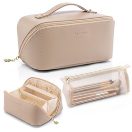 Vlando Makeup Bag,Travel Makeup Bag for Women Waterproof Portable Cosmetic Bag PU Leather Open Flat Make up Organizer for Toiletries,Makeup Brushes Bag with Divider and Handle(Toffee)