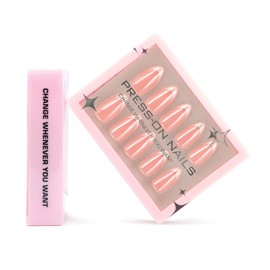 White French Tip Press on Nails Medium Almond Fake Nails with Design Laser Nude Glue on Nails Full Cover Spring Nails Glossy Reusable 30pcs -15Sizes Solid Chrome False Nails for Women Girls Manicure