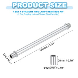 PATIKIL Straight Pipe Lamp Stems Rod Kit, 4Set M10 Carbon Steel 150mm(5.91") Long Double End Thread Rod with Coupling Nuts Sleeve Connector for Table Lamps Chandeliers, Silver Tone