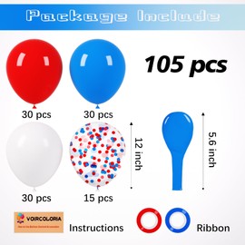 Voircoloria 105pcs Red White Blue Balloons 12inch Party Latex Balloons for 4th of July Independence Day Graduation Anniversary Party Decorations