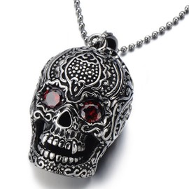 Stainless Steel Sugar Skull Pendant Necklace for Man with Red Cubic Zirconia with 23.4 in Ball Chain(CA)