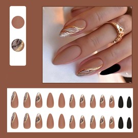 24 Pcs Fall Winter Press on Nails Tip Almond Medium Length, French Fake Nails with Line Design, Full Cover Reusable Glitter False Nails with Glue, Artificial Acrylic Nails, Glue on Nails for Women Set