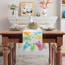 BOTB LIHM Easter Colorful Dots Cute Bunny Watercolor Rabbits Cloth Table Runner Burlap Table Decoration for Spring Home Kitchen Dining Dinner Indoor Holiday Farmhouse Decor 13x48 Inch
