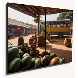 The Plum Penguin Ghanaian Market Scene Wall Art: Twin A4 MDF Wood Panels with Printed Accra Outdoor Bazaar and Lush Landscape Canvas Alternative 40 x 30cm