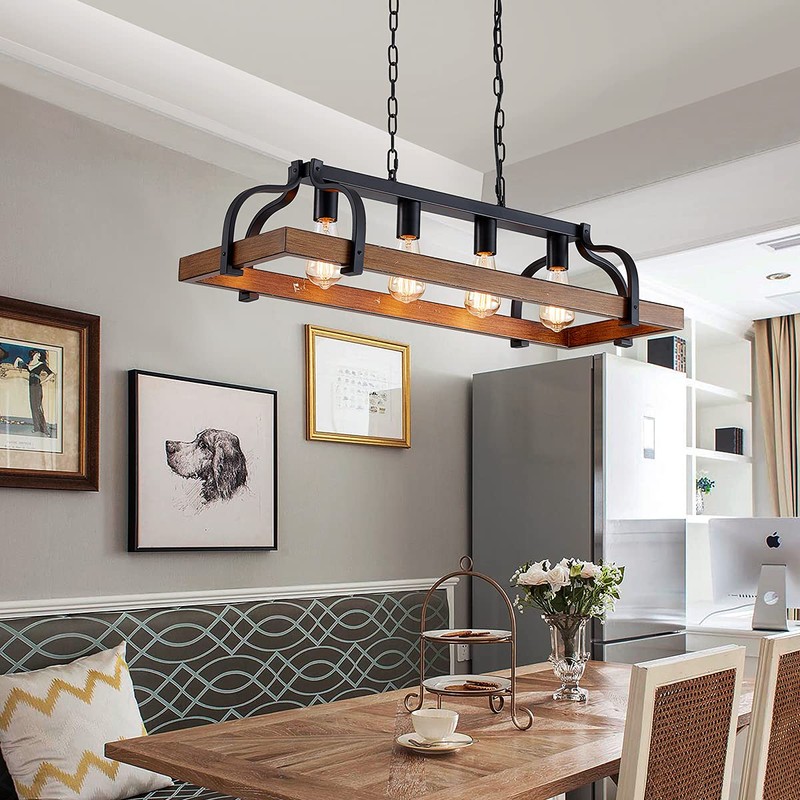 WUZUPS 4-Light Metal Pot Hanging Rack Chandelier Imitation Wood Grain
