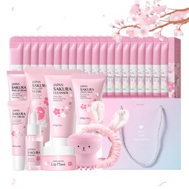 Hautpflege Set für Teenager-Mädchen, Japan Sakura Skincare Set, Anti-aging Gesichtspflege Set, Tägliche Skin Care mit Cleanser, Serum, Creme, Augencreme, Maske, Haarband, Gesichtsbürste