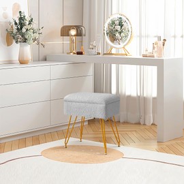 Alessing Vanity Stool Chair Ottoman with Storage, Sherpa Vanity Chair for Makeup Room, Rectangle Vanity Stools with Metal Legs, Soft Makeup Stool Footrest Footstools for Bedroom Living Room, Grey