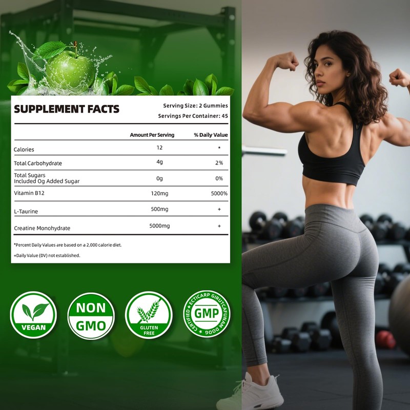 Creatine Monohydrate Gummies 5g,Sugar Free Pre Workout Gummies for Women&Men,Creatine