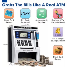 Unbreanded Piggy Bank for Kids, ATM Machine Bank for Real Money with Debit Card Bill Feeder