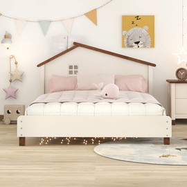 Full Size Wood Platform Bed Frame for Boys Girls Kids Adults Toddler with House-Shaped Headboard (Cream+Walnut)