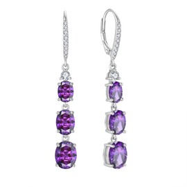 Aprila Women 925 Sterling Silver 3-stone Leverback Drop Dangle Earrings with 5A Cubic Zirconia February Birthstone Amethyst Color Jewelry for Her