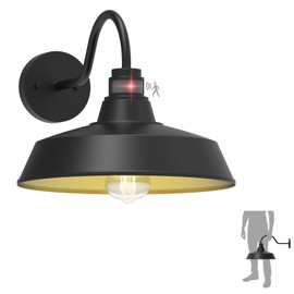 XIFEINIU 14.5" Dome Gooseneck Barn Light, Outdoor Anti-Rust&Waterproof Farmhouse Wall Sconce, Outdoor Wall Lanterns for Porch/Patio, E26 Base 100W Max(Black 1-Pack Motion Sensor Outdoor Lights)