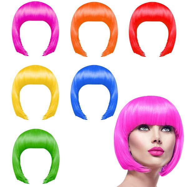 KUUQA 6 Pieces party wigs set, neon short bob wig pack costume colorful cosplay wig daily party hairpieces for bachelorette neon party favors, Halloween and decorations
