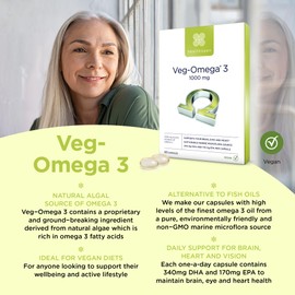 Healthspan Veg-Omega 3 1,000mg | 60 Capsules | Support Brain, Eye and Heart Health | Vegan Algal Source | No Fish | Omega 3 Fatty Acids DHA & EPA | Non-GMO | Vegan